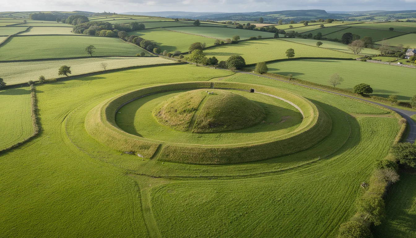 An aerial view of Navan Fort, an important archaeological site in County Armagh, showcases its ancient earthworks surrounded by lush green countryside, emphasizing the area's outstanding natural beauty and rich heritage. This sacred stronghold is linked to the famous Red Branch Knights and offers a glimpse into Ireland's storied past.