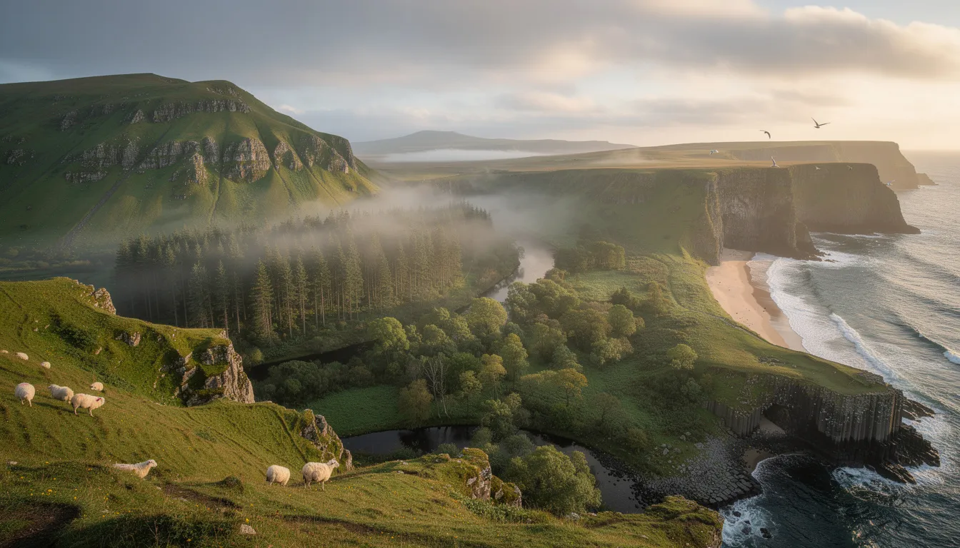 A panoramic view of Northern Ireland showcases its outstanding natural beauty, featuring rolling hills, dramatic cliffs, and serene coastal areas along the Antrim coast. This diverse landscape includes lush forests, such as Tollymore Forest Park, and peaceful meadows, perfect for walking tours and nature lovers exploring the region's many walking trails.