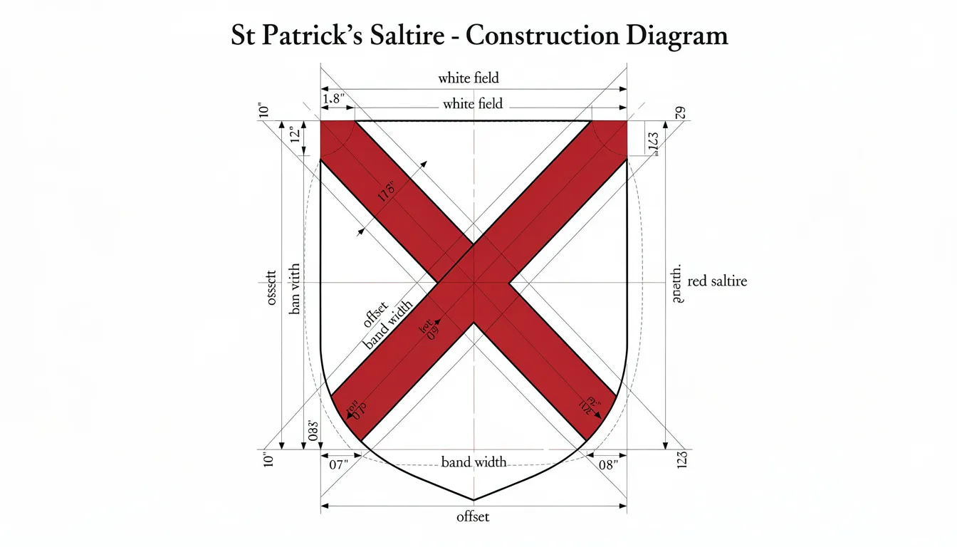The image depicts a heraldic diagram illustrating the proper construction of St Patrick's Saltire, also known as St Patrick's Cross, featuring a red diagonal cross on a white background. This design is significant in representing Ireland and is associated with St Patrick's Day celebrations and the cultural heritage of Northern Ireland.