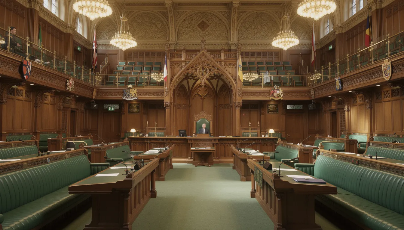 The image depicts the interior of the Assembly chamber at the Stormont building in Belfast, showcasing the traditional Westminster-style seating arrangement with the Speaker's chair prominently positioned at the front, surrounded by visitor galleries. This setting is where important discussions regarding Northern Ireland's governance and environmental protection take place.