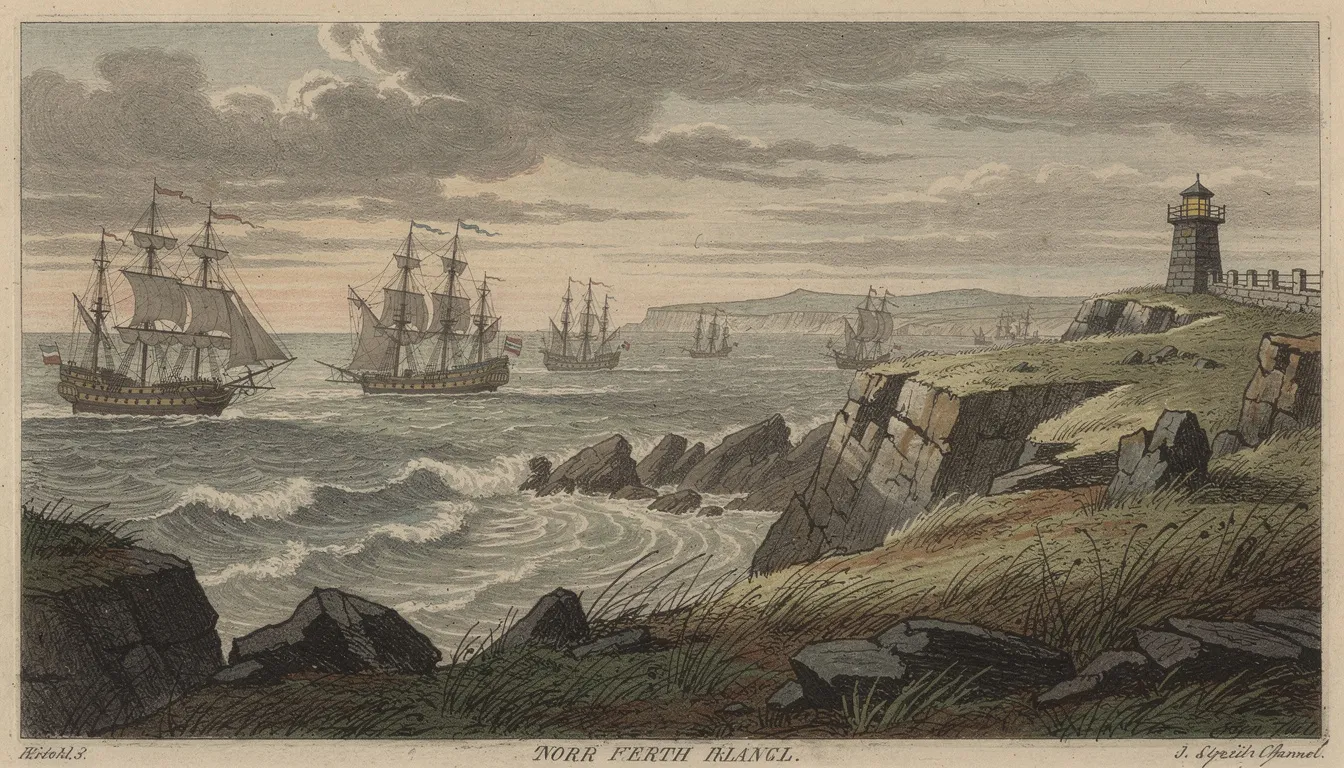 The image depicts a historical illustration of ships navigating through the North Channel, viewed from Torr Head, showcasing the rocky headland and scenic beauty of County Antrim. In the background, you can see the distant Mull of Kintyre, emphasizing the transatlantic passage that these vessels undertake on a clear day.