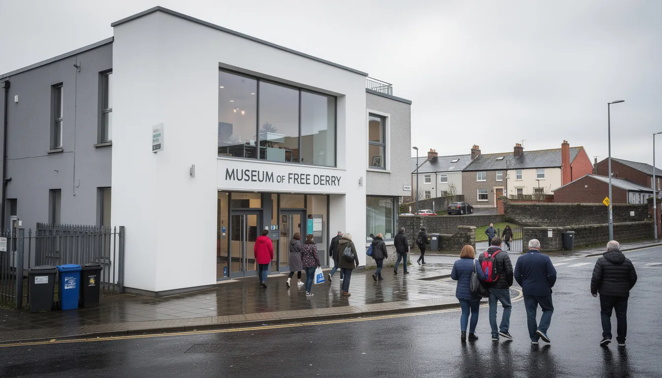 The image shows the exterior of the Museum of Free Derry, with visitors approaching the entrance, surrounded by the iconic gable wall featuring black lettering. This building serves as a significant reminder of the civil rights struggle in Northern Ireland, particularly within the Catholic community of Derry's Bogside.