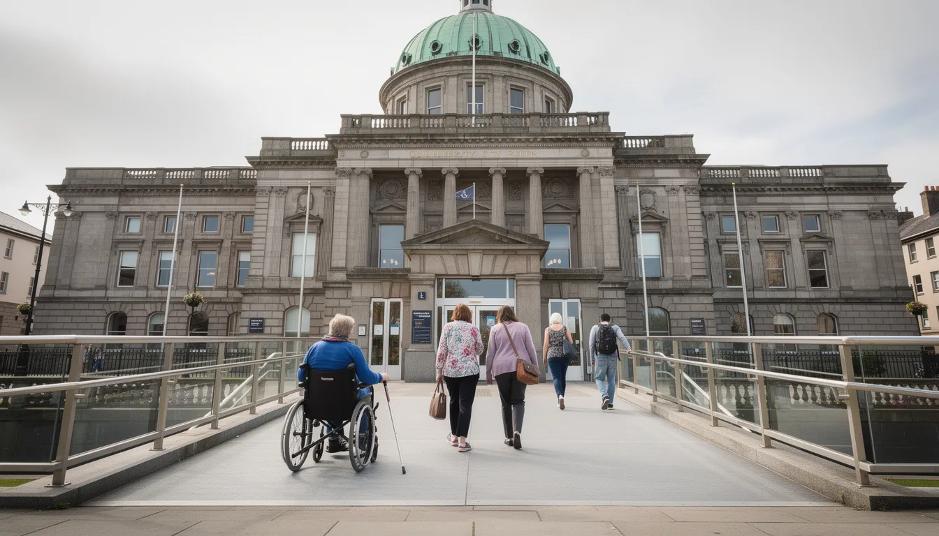Visitors are entering the accessible entrance of Belfast City Hall, a stunning building known for its original architecture and grand staircase. The scene captures people of various ages walking through the doors, showcasing the hall's commitment to accessibility and welcoming atmosphere.
