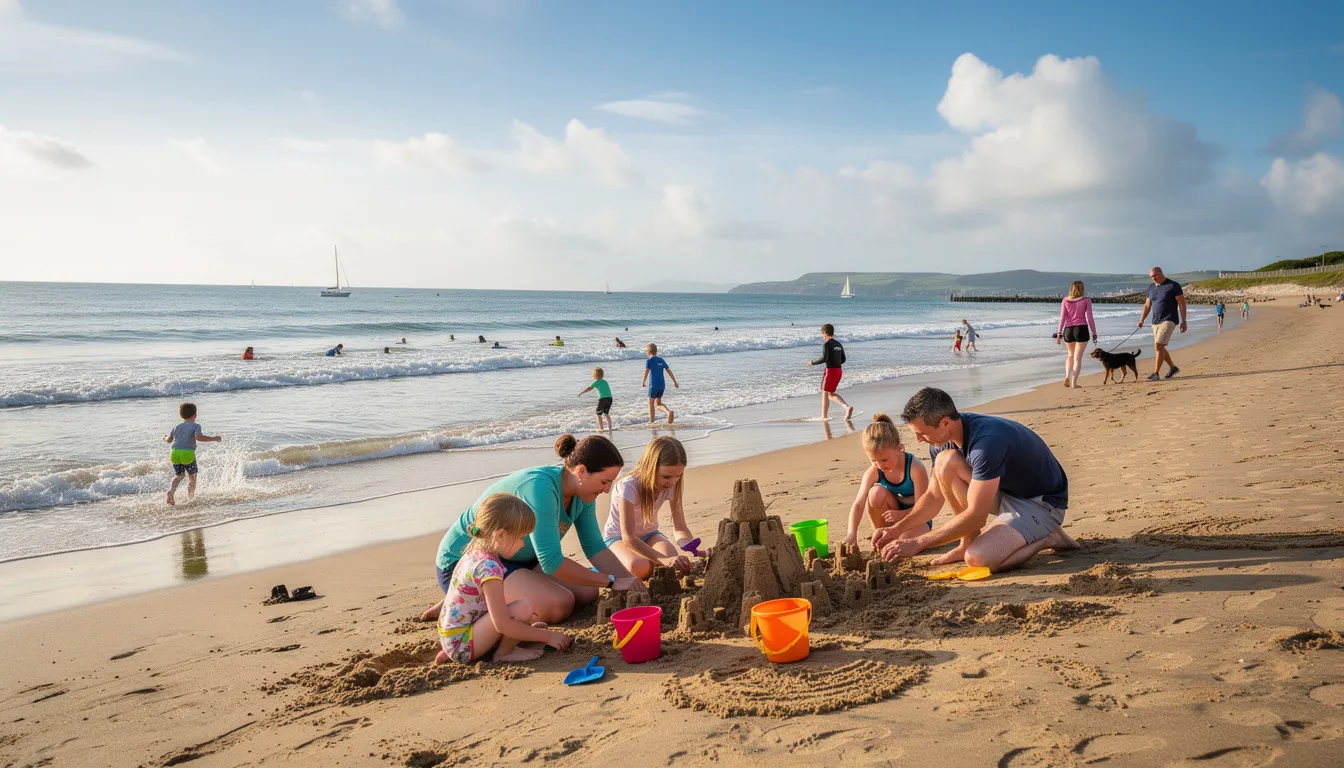 Families are enjoying a sunny day at Ballyholme Beach in Bangor, Northern Ireland, with children playing in the sand and people swimming in the gentle waves of Bangor Bay. The vibrant atmosphere captures the essence of a seaside resort, perfect for family fun and marine sports along the picturesque shore.