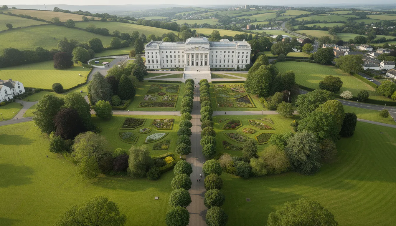 An aerial view of the Stormont Estate showcases the grand Parliament Buildings surrounded by beautifully manicured formal gardens, with a long processional avenue leading directly to the main building, highlighting its significance in the governance of Northern Ireland. The lush green landscape reflects the estate's commitment to environmental protection and community engagement.