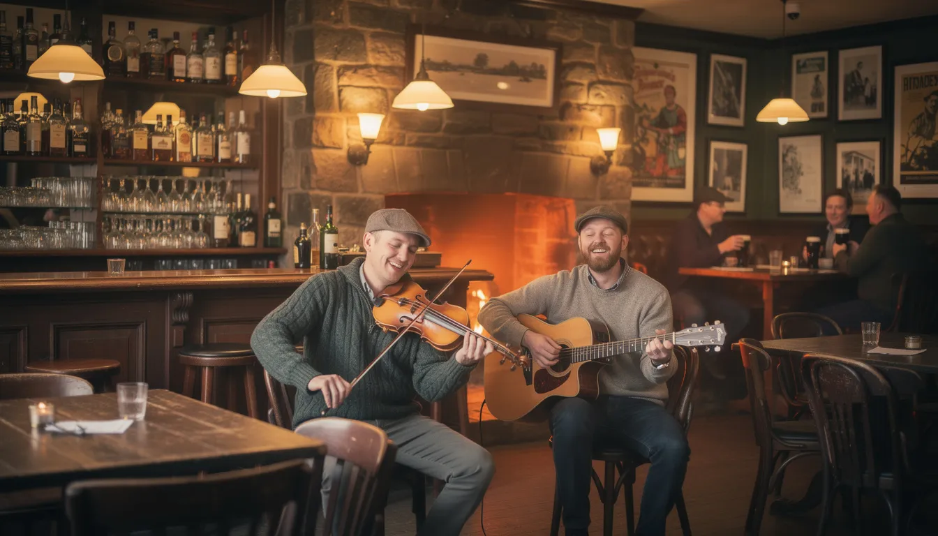 The image depicts a traditional Irish pub interior in the island town of Enniskillen, featuring musicians playing lively fiddle and guitar in a cozy, warmly-lit atmosphere. This inviting setting showcases the rich cultural heritage of County Fermanagh, making it a perfect spot for visitors to enjoy local music and the friendly welcome that awaits them.