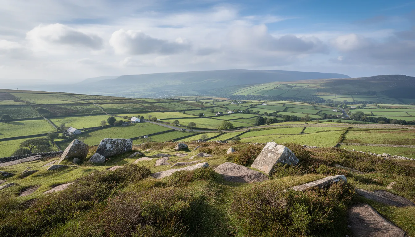A panoramic view from the summit of Slemish Mountain in County Antrim reveals rolling green countryside, distant mountains, and pastoral fields below, showcasing the natural beauty of Northern Ireland. This landscape, associated with the legendary Saint Patrick, offers a glimpse into the serene environment that inspired his frequent prayer and reflection.