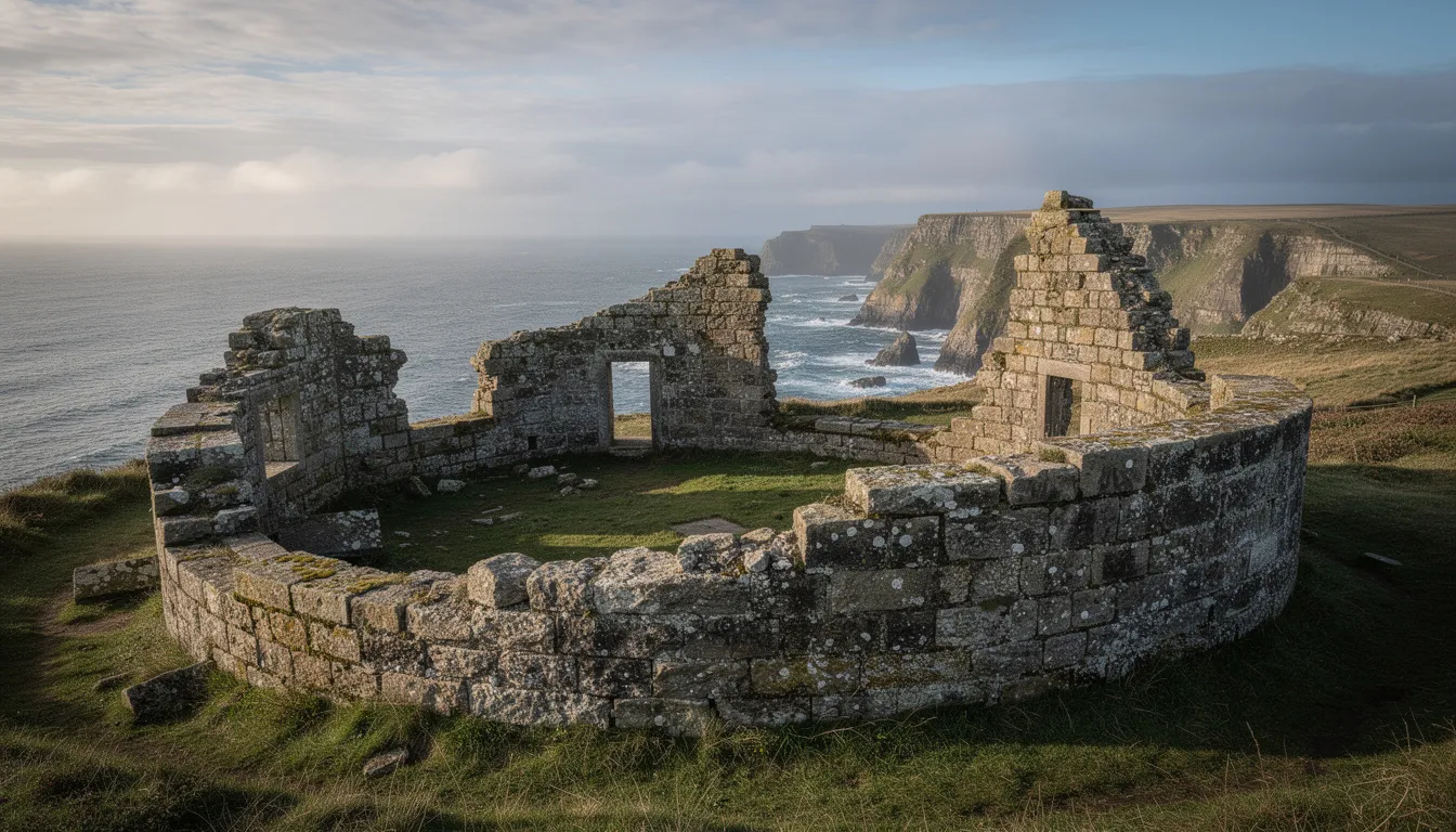 The image features the stone ruins of the historic Lloyd's Signal Station, characterized by its circular walls, set against a stunning coastal backdrop that includes views of Murlough Bay and the North Channel. This site, located along the Torr Head scenic route in County Antrim, offers spectacular views and rich history, making it a notable landmark for visitors exploring the Causeway Coastal Route.