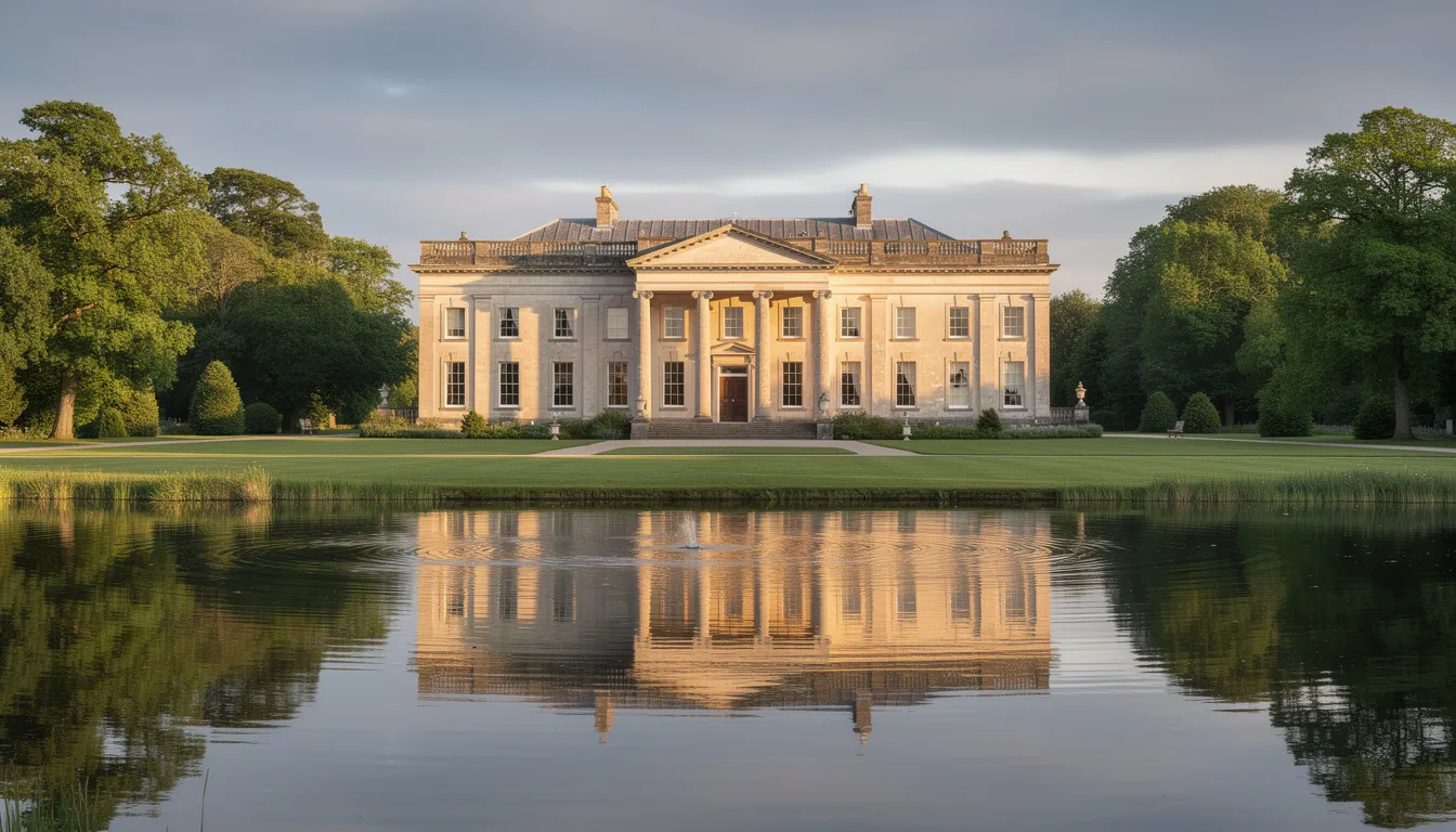 The image showcases the elegant neoclassical facade of Castle Coole mansion, beautifully reflected in the tranquil waters of an ornamental lake. This historic site, located in County Fermanagh, is part of the rich heritage of Northern Ireland, offering visitors a glimpse into the region's complex history and architectural beauty.
