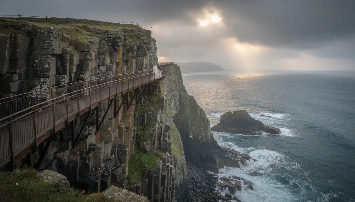 The image captures a dramatic view of the Gobbins cliff path, a unique tourist attraction in Northern Ireland, carved into the stunning basalt cliffs that overlook the crashing waves of the Irish Sea. This marine cliff walk showcases the natural beauty of the County Antrim coastline, inviting visitors to explore its history and breathtaking scenery.