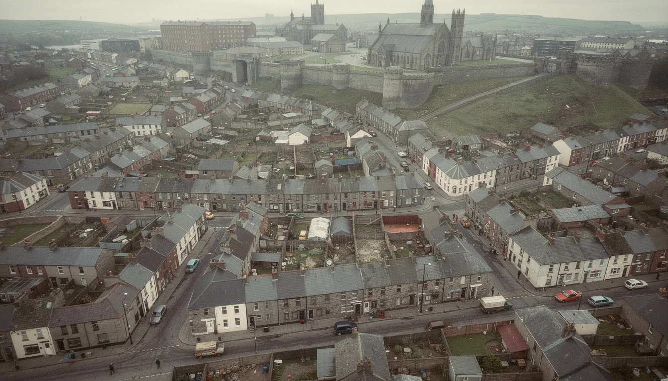 An aerial view of the Bogside neighborhood showcases the layout of streets and terraced houses within the Free Derry autonomous zone, highlighting its significance in the civil rights movement in Northern Ireland. The image captures the iconic gable wall adorned with murals that symbolize resistance and pride, reflecting the community's struggle for freedom and their ongoing fight against British rule.