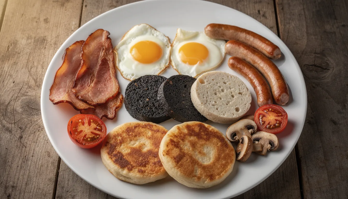 A traditional Ulster fry is beautifully arranged on a white plate, featuring golden brown fried eggs, cooked bacon, black and white pudding, and crispy potato bread, alongside grilled tomatoes and baked beans, creating a hearty and inviting Irish breakfast. The dish showcases the rich culinary heritage of Northern Ireland with its array of flavors and textures.