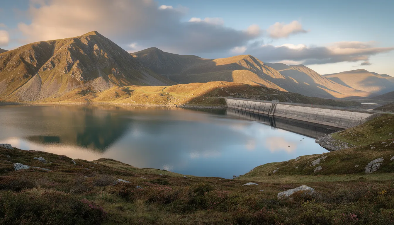 The image depicts a breathtaking scenic view of Spelga Dam and its glassy reservoir, nestled among the beautiful Mourne Mountains in Northern Ireland. In the foreground, the peaceful lookout offers a glimpse of the dam, while the surrounding hills roll uphill, inviting visitors to explore the many short walks and family-friendly routes in this picturesque area.
