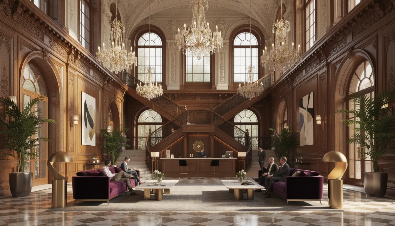The image depicts a historic Victorian hotel lobby featuring ornate architecture complemented by contemporary luxury furnishings, creating an inviting atmosphere for guests. This five-star hotel in Belfast city centre offers a warm welcome, perfect for both leisure and business meetings.