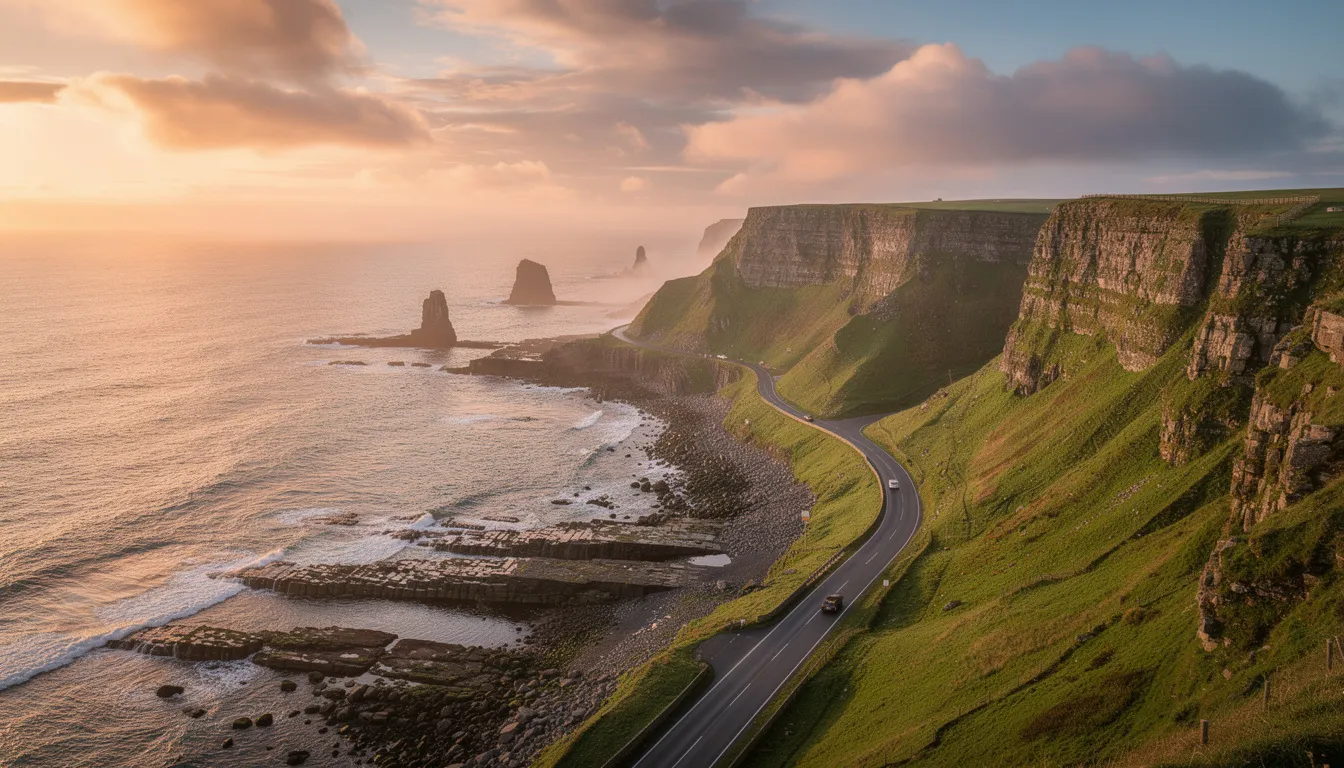 A panoramic view captures the stunning Causeway Coastal Route along the dramatic County Antrim coastline, showcasing the rugged cliffs and crashing waves of the Irish Sea. This scenic trail, part of a unique tourist attraction, offers a glimpse of the natural beauty and history of Northern Ireland, inviting visitors to explore its captivating landscape.