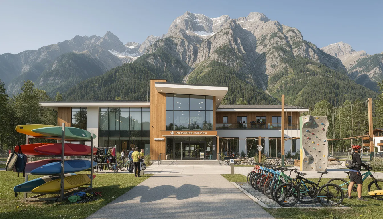 The image depicts a modern outdoor centre building nestled in Tollymore Forest Park, surrounded by the stunning Mourne Mountains. The centre features various outdoor activity equipment and offers meeting and conference rooms, as well as excellent dining facilities and coffee lounge amenities.
