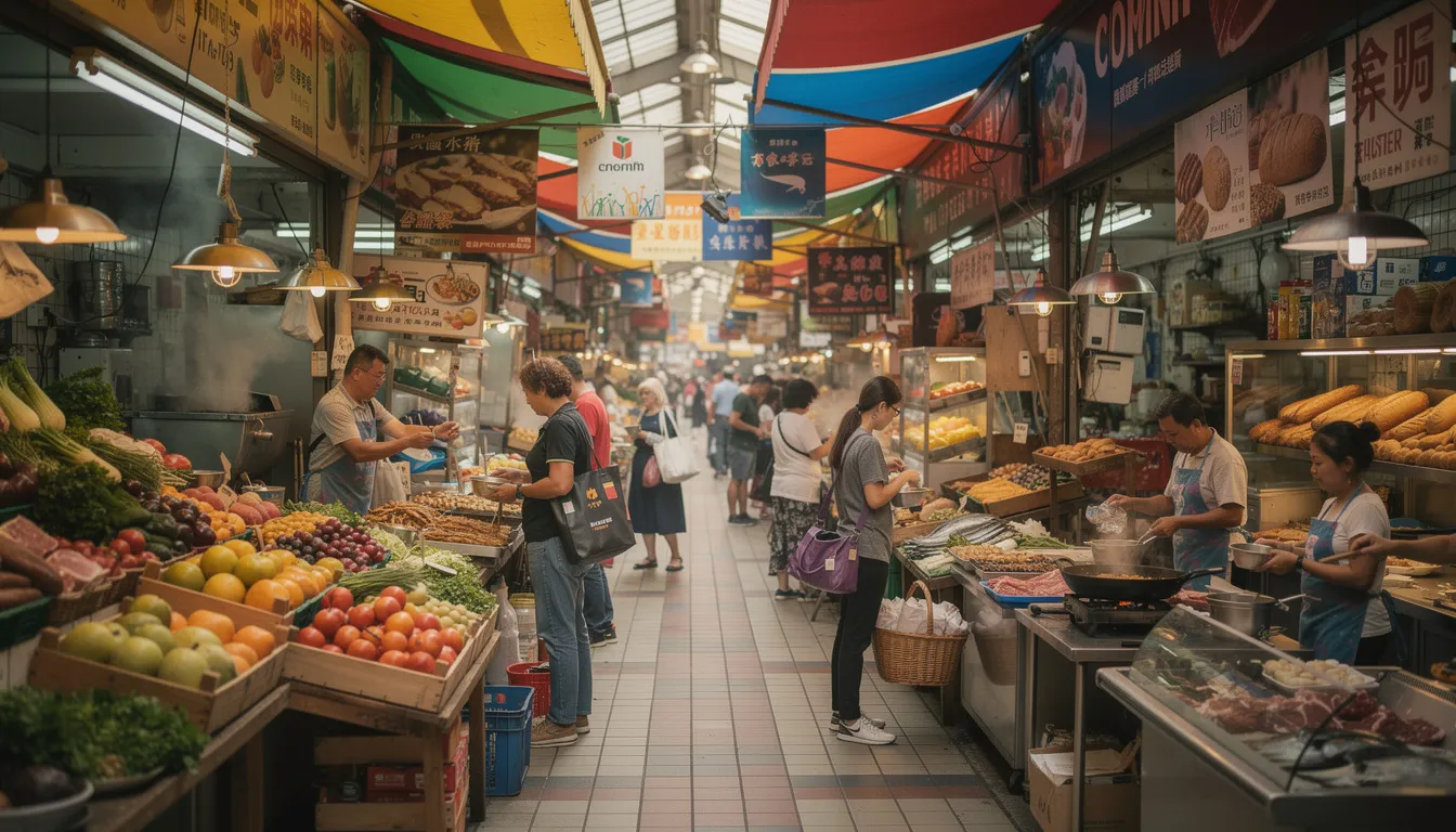 The image shows a bustling indoor market in Belfast City Centre filled with vibrant food stalls, where shoppers are exploring a range of delicious dishes. The atmosphere is lively, with locals and visitors alike enjoying the extensive menu options and the warm, inviting setting perfect for a quick lunch or a leisurely meal with friends.