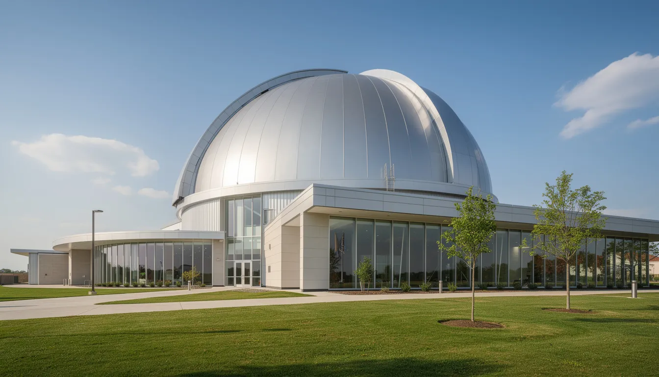 The image depicts a modern planetarium building characterized by its distinctive dome structure, set against a clear blue sky. This architectural marvel is a part of the attractions in Armagh, Ireland, inviting visitors to explore astronomical research and interactive experiences.