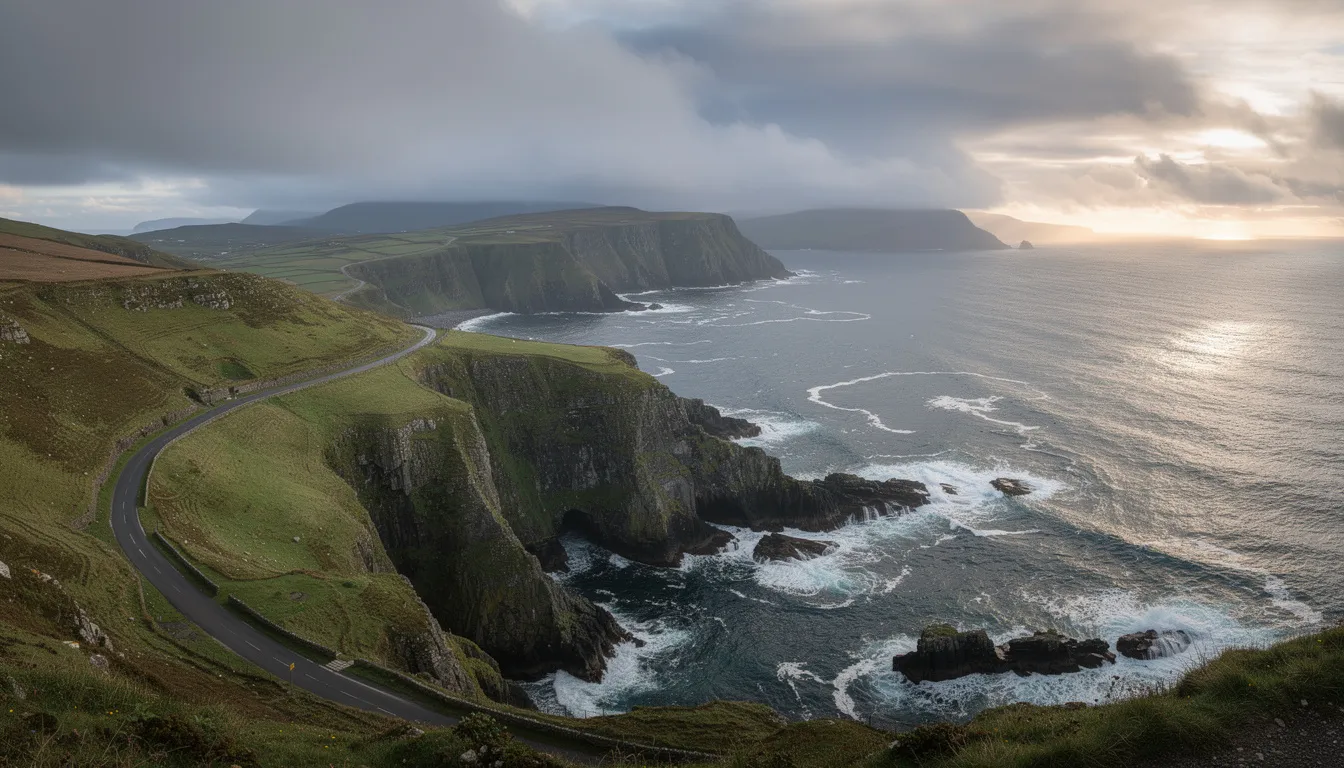 The image captures a panoramic coastal view from Torr Head, showcasing the dramatic meeting of land and sea, with rugged cliffs and a rocky headland extending into the North Channel. On a clear day, the scene offers spectacular views of Murlough Bay, Fair Head, and even glimpses of Rathlin Island in the distance, highlighting the natural beauty of County Antrim along the Torr Head scenic route.