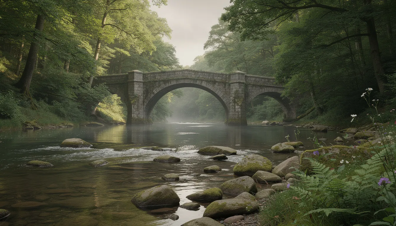 The image depicts a historic stone bridge arching over the flowing Shimna River, surrounded by lush greenery and exotic trees within Tollymore Forest Park. The backdrop features the majestic Mourne Mountains, enhancing the scene's outstanding natural beauty.