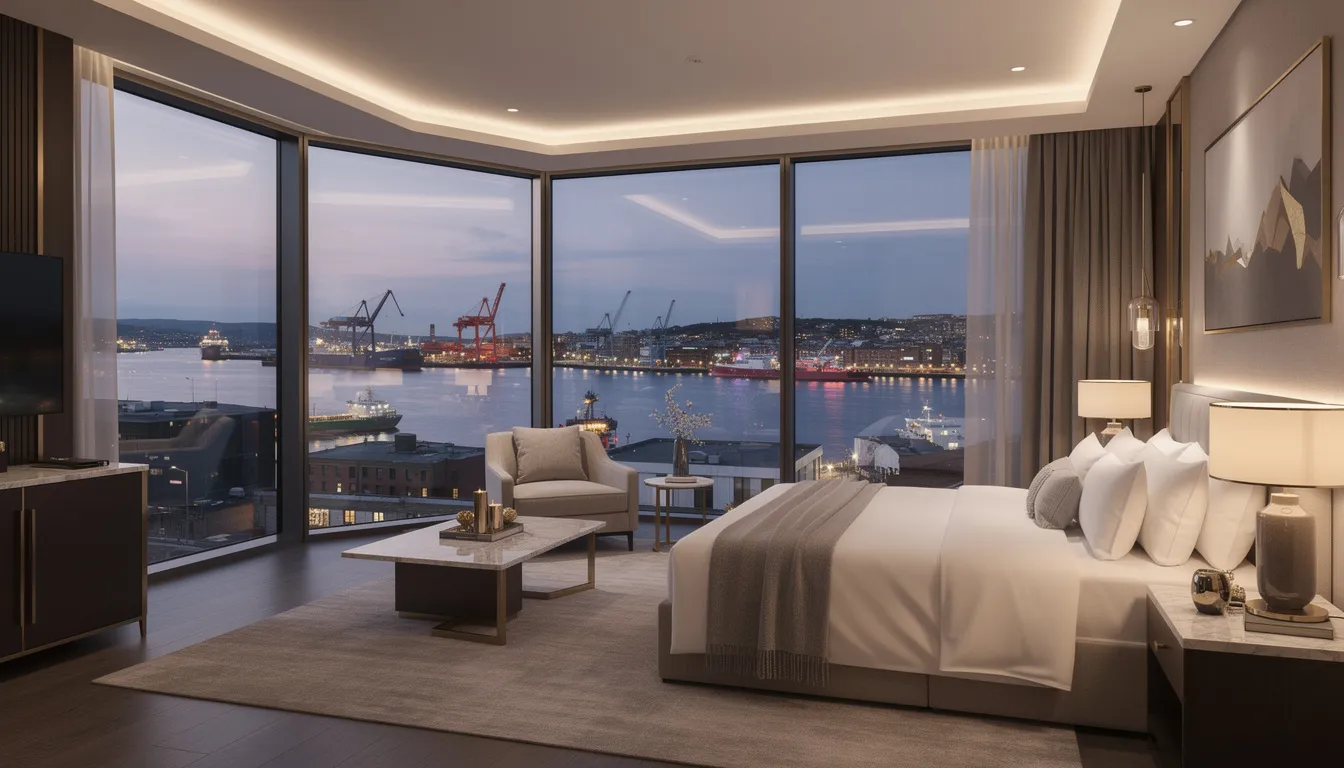 A luxurious hotel suite with panoramic windows offers stunning views of the Belfast cityscape and harbor, showcasing the vibrant atmosphere of Northern Ireland. This five-star hotel in Belfast provides a warm welcome and spacious accommodations, perfect for both leisure and business guests.